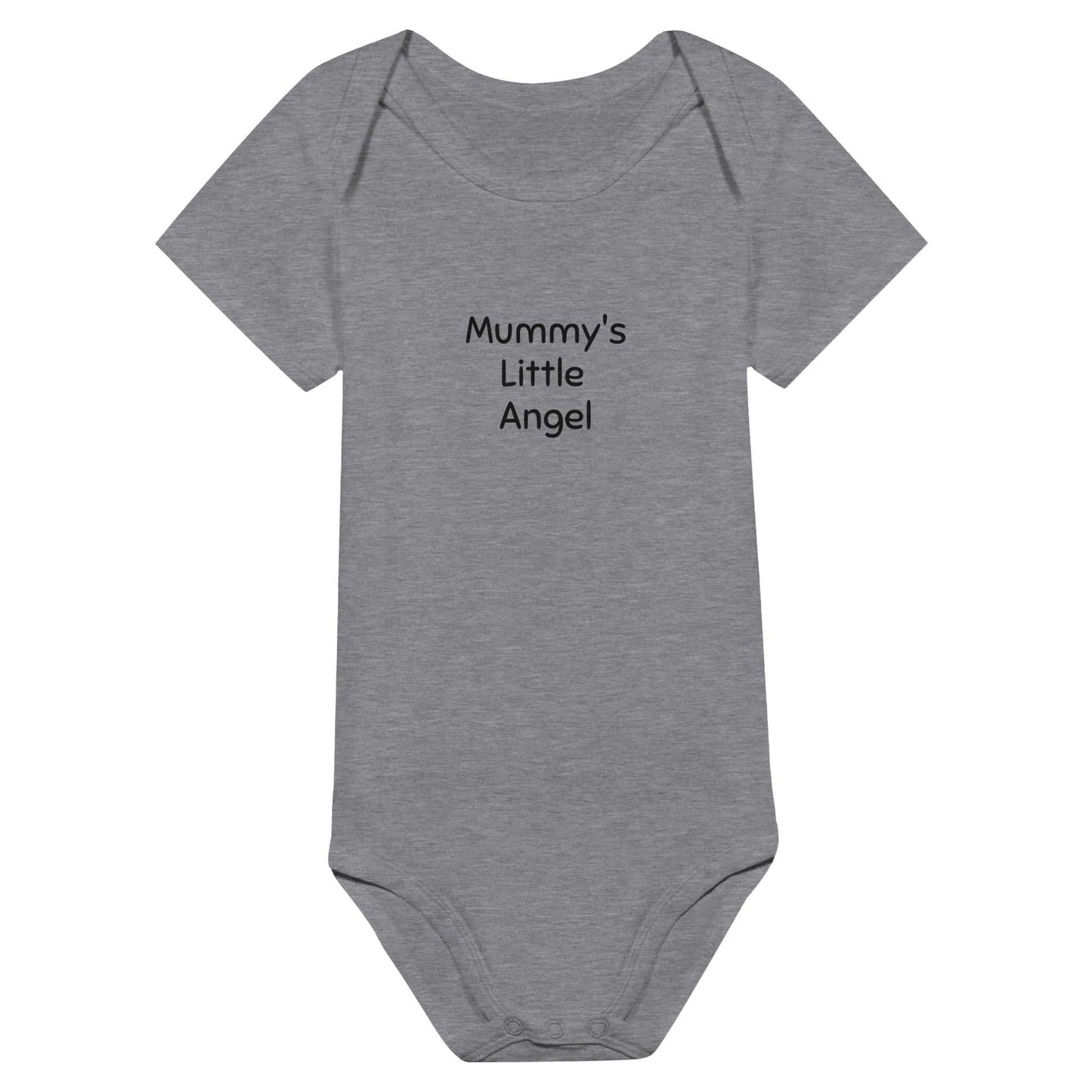 Gray baby bodysuit with "Mummy's Little Angel" text, short sleeves, 100% cotton.