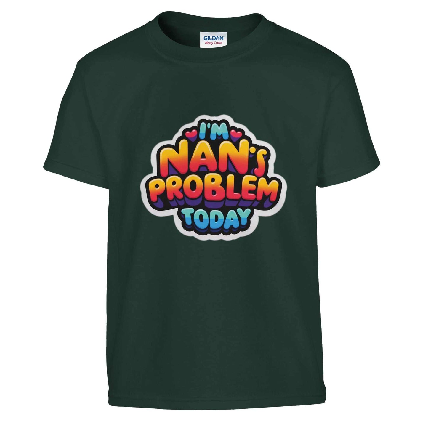 I'm Nan's Problem Today kids crewneck t-shirt with colorful text design on a dark background.