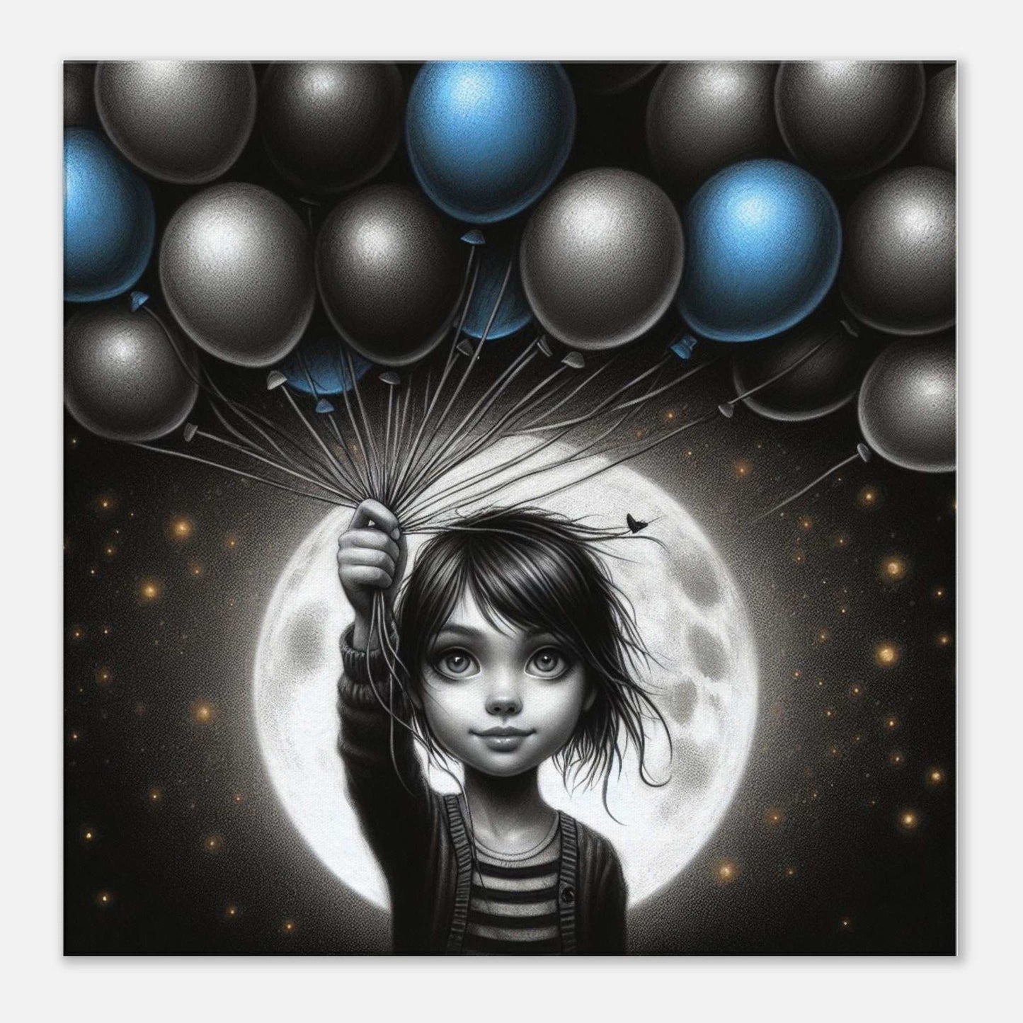 Balloons canvas print with moonlit background and child holding balloons, enhanced texture art.