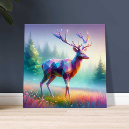 Stag Canvas print with vibrant geometric deer design, printed on high-quality cotton-polyester blend, includes hanging kit.