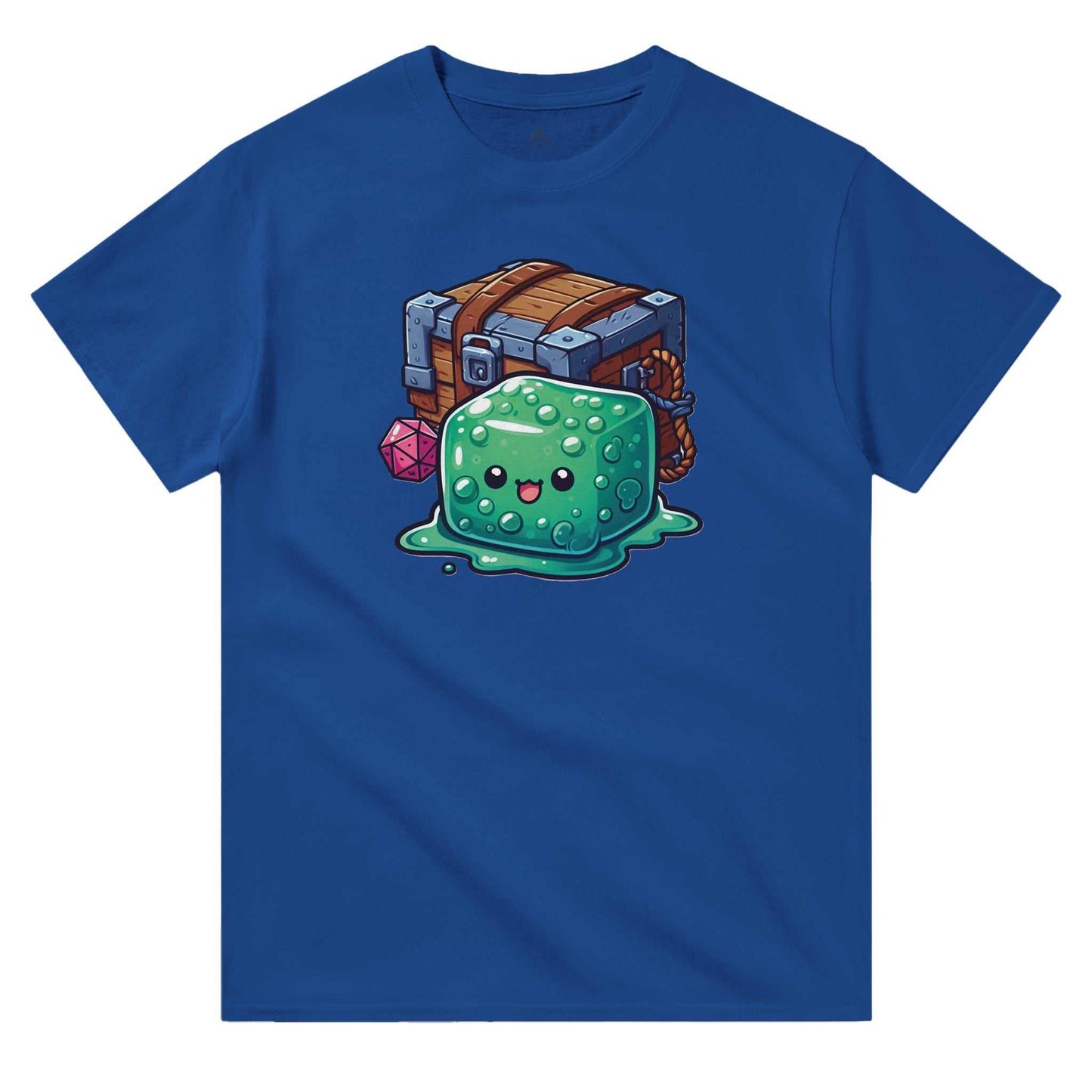 Gelatinous Cube and Mimic crewneck t-shirt with colorful graphic design on blue background.