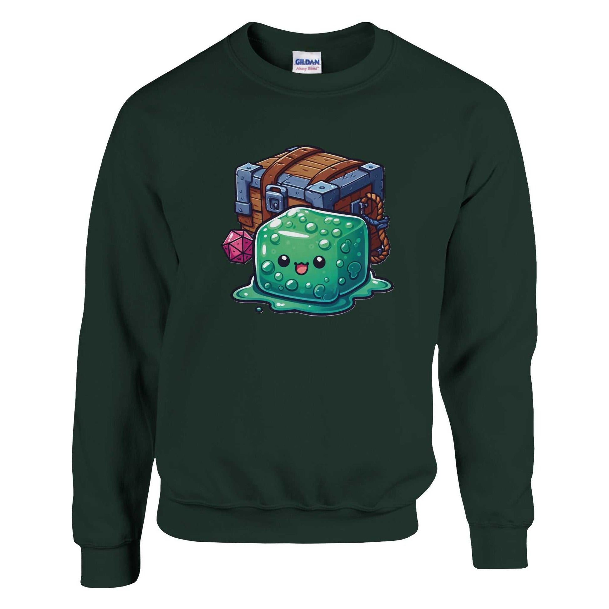 Gelatinous Cube and Mimic design on green men's crewneck sweatshirt, made from a soft cotton-polyester blend.