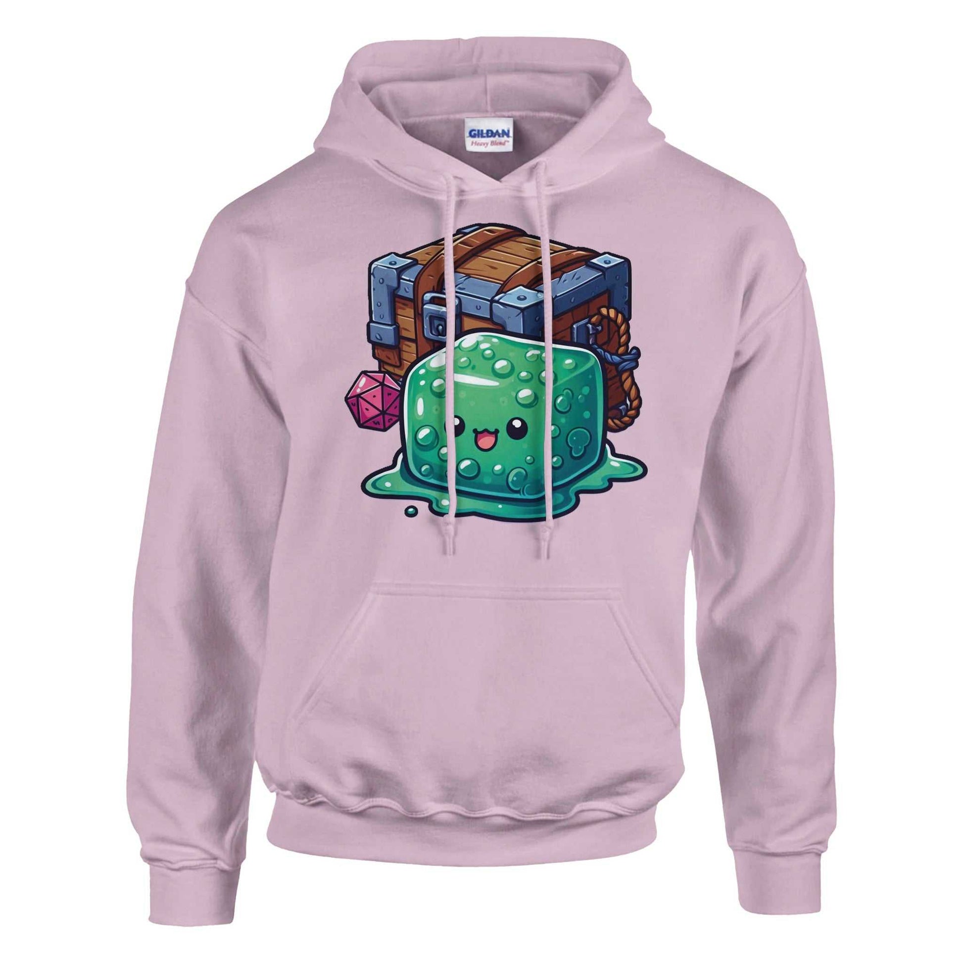 Gelatinous Cube and Mimic pullover hoodie with front pouch pocket and double-lined hood.