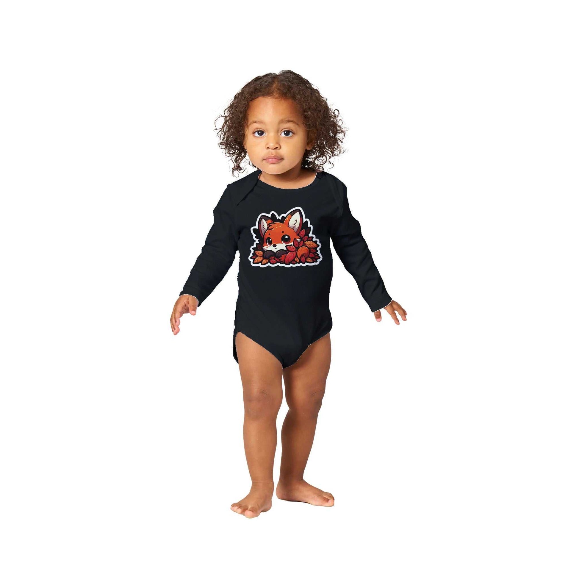 Fox Classic Baby Long Sleeve Bodysuit, black, featuring cute fox graphic, 100% cotton, for infants and toddlers.