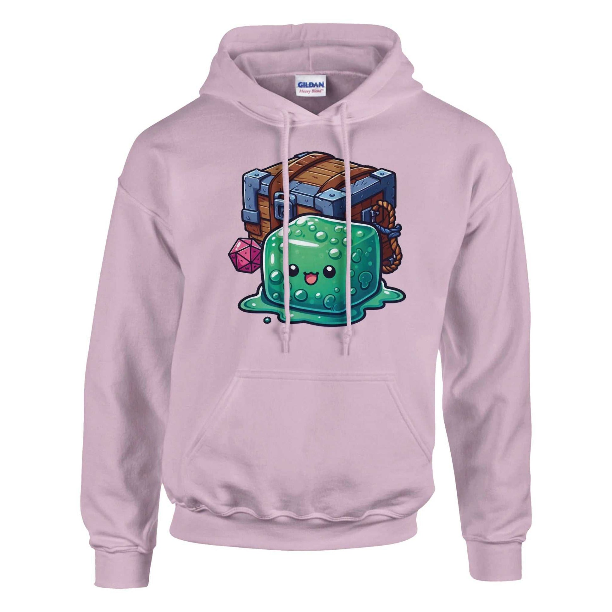 Gelatinous Cube and Mimic design on women's pullover hoodie, cotton-polyester blend, soft feel.