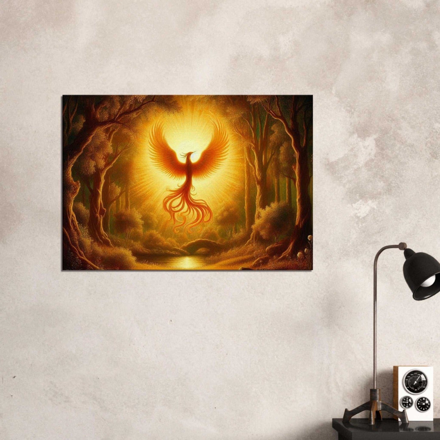 Phoenix Birth Canvas art print on wall, showcasing vibrant phoenix in a radiant forest setting.