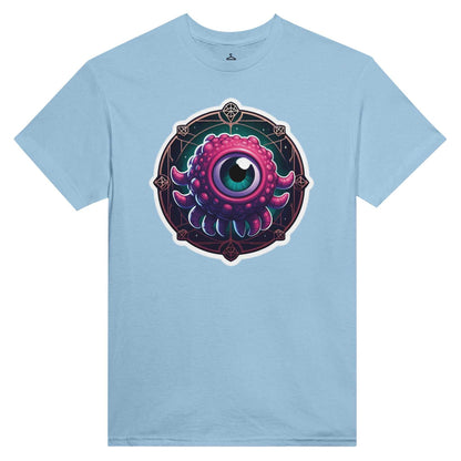 Beholder Men's Crewneck Tshirt featuring a colorful eye design, heavyweight cotton, classic fit.