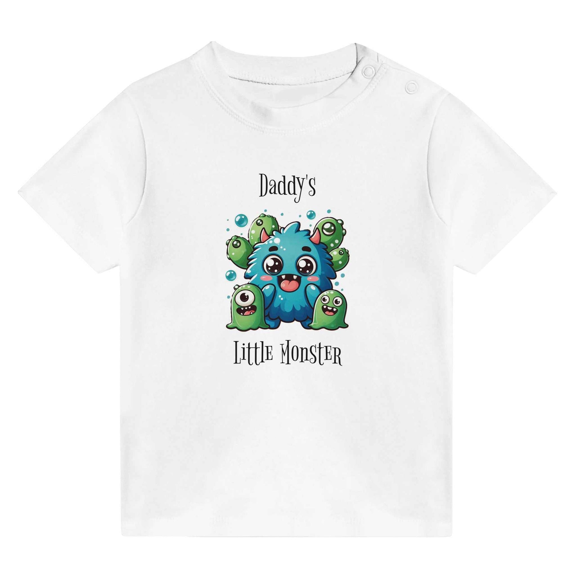 "Daddy's Little Monster Classic Baby Crewneck T-shirt" with cute monster graphic on white cotton fabric.