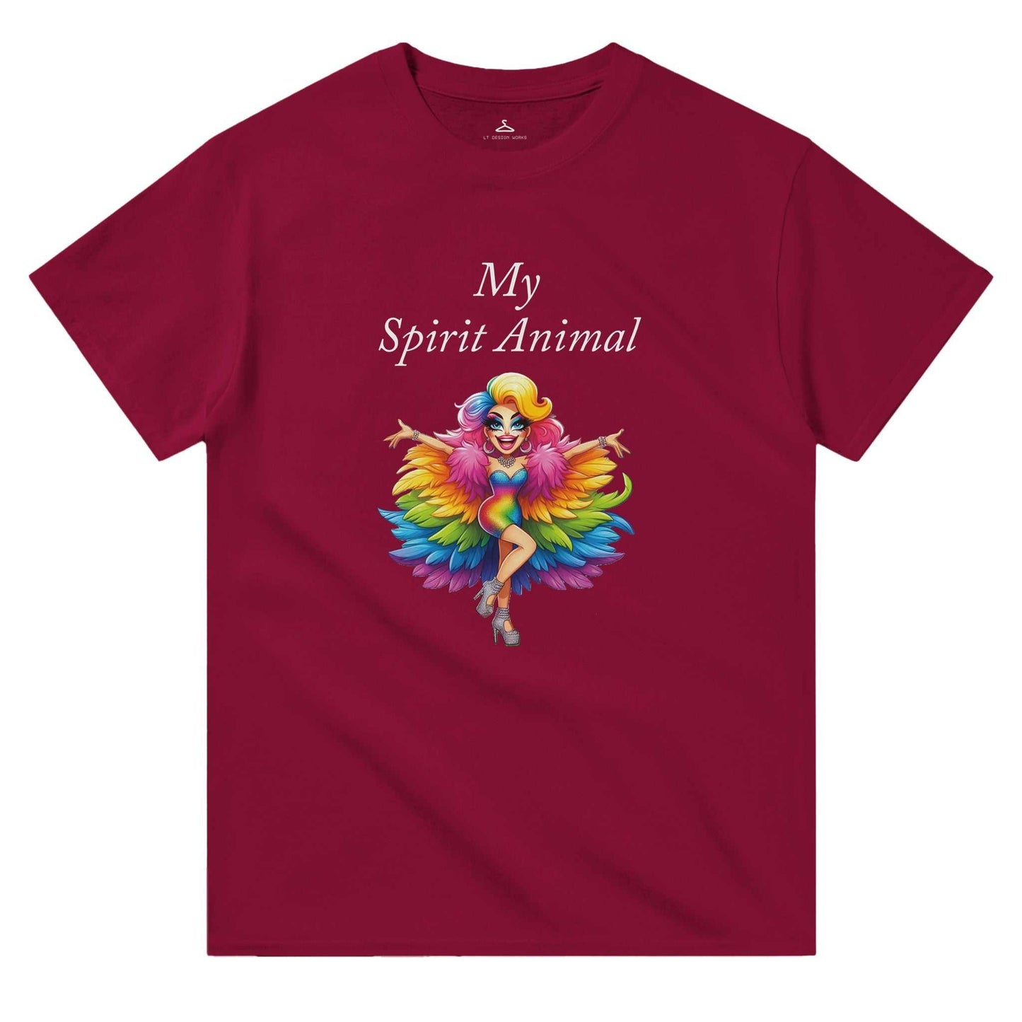 Women's crewneck t-shirt with "My Spirit Animal" text and colorful design on burgundy, classic fit, heavyweight cotton.