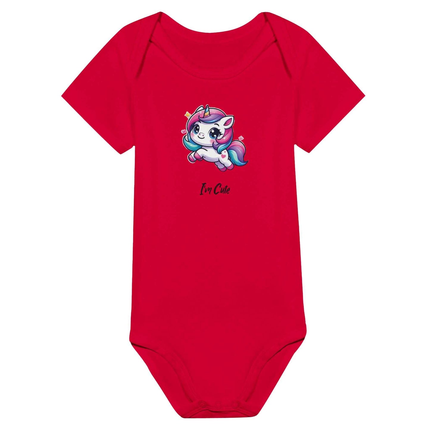 Cute baby printed short sleeve bodysuit in red with unicorn design.