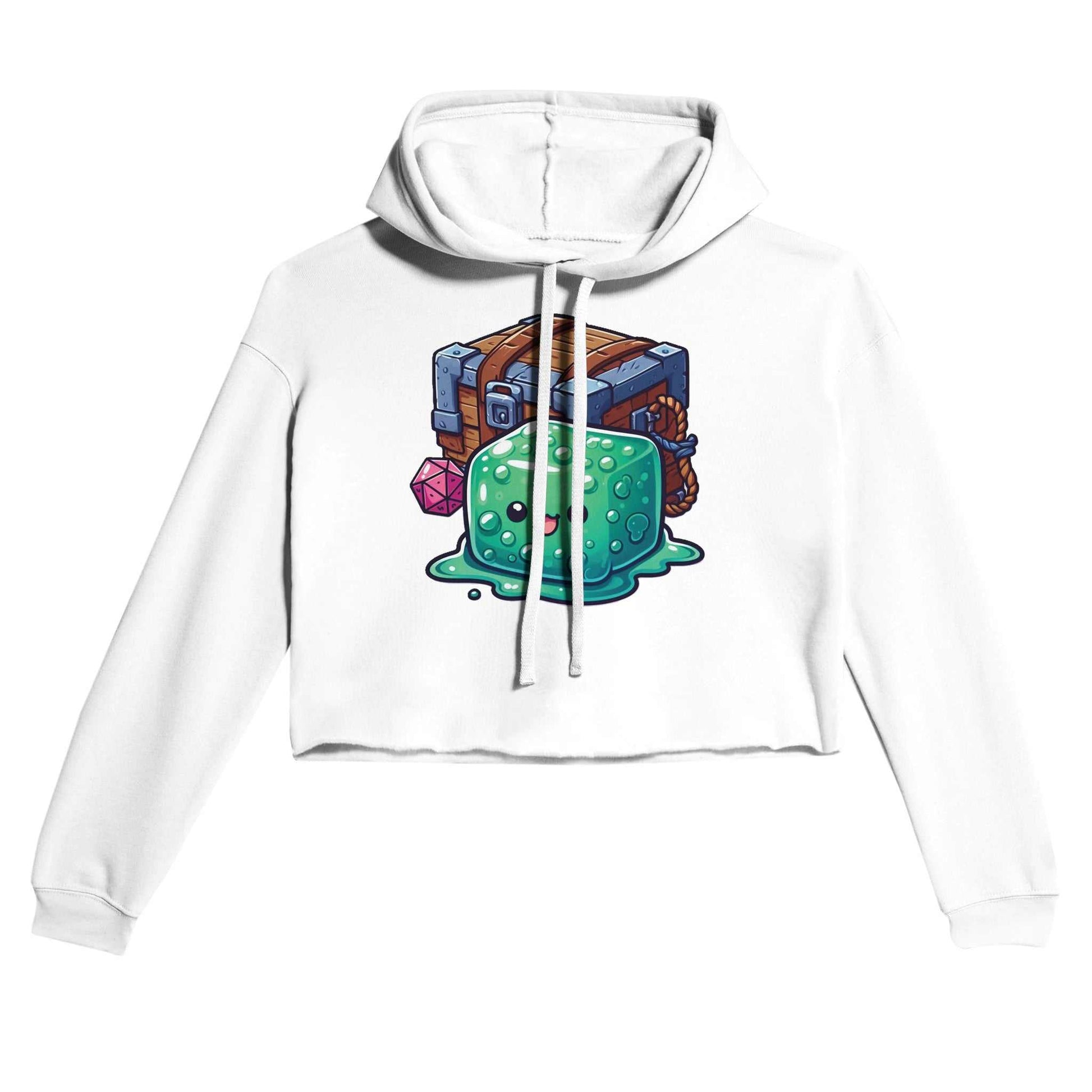 Women's cropped hoodie with a gelatinous cube and mimic design.