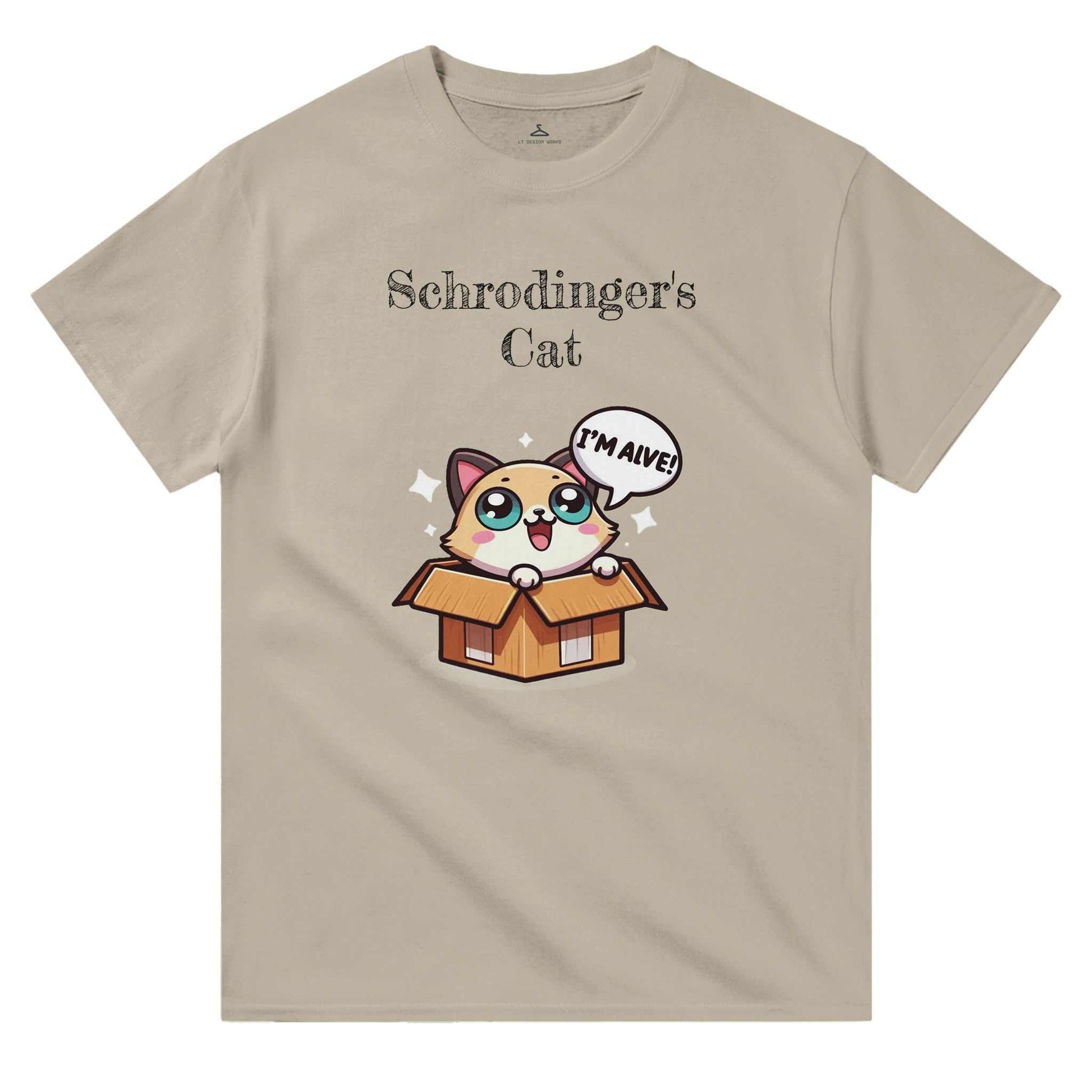 Schrodinger's Cat Crewneck T-shirt with humorous design, durable cotton fabric, classic fit.