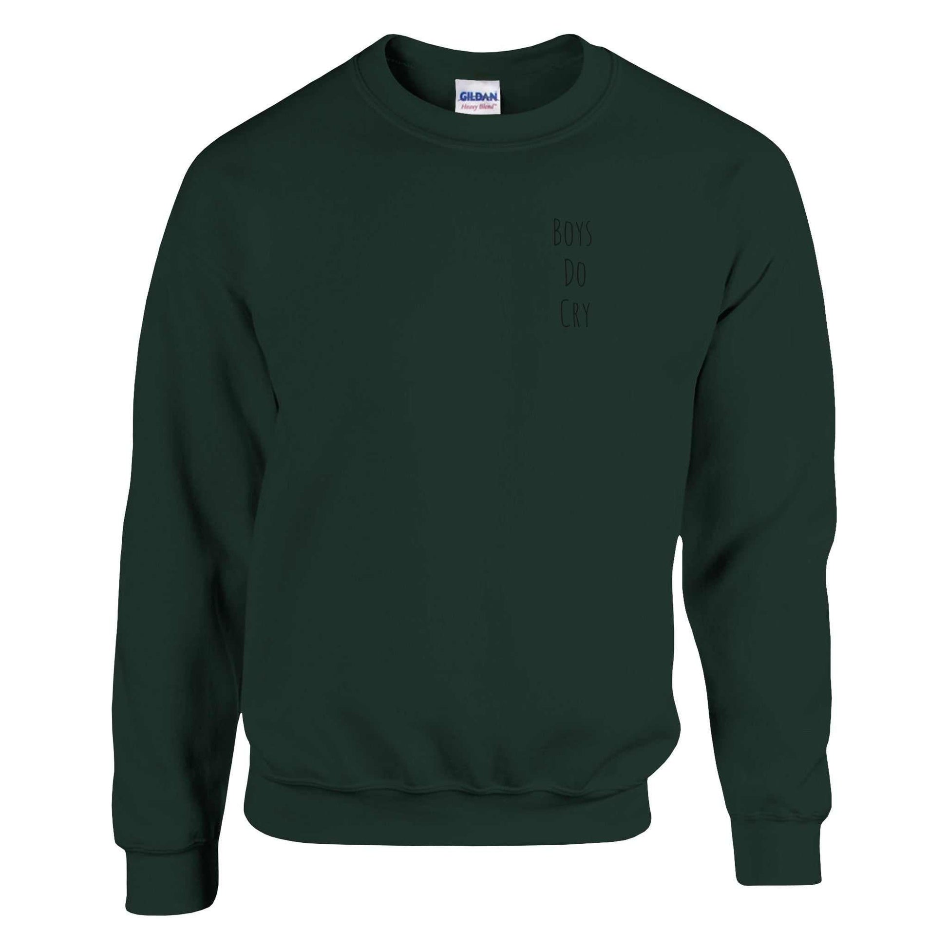 Boys Do Cry printed classic crewneck sweatshirt in dark green, soft cotton-poly blend, casual fit.