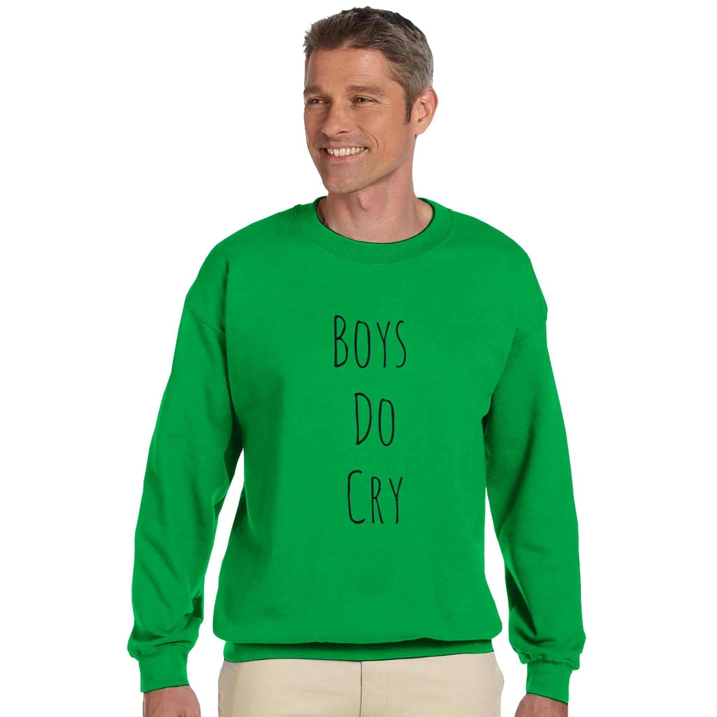 Boys Do Cry printed classic crewneck sweatshirt in green, featuring double-needle stitching and ribbed cuffs.