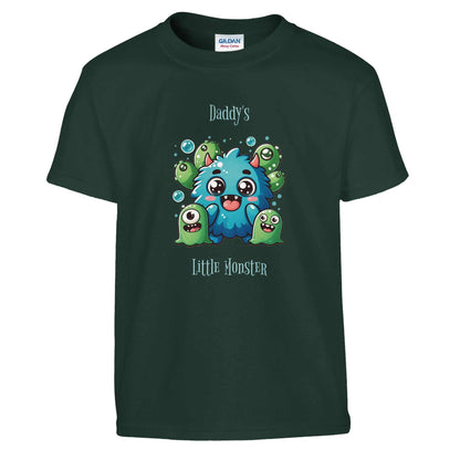 Daddy's Little Monster Kids Crewneck T-shirt with cute monster design, 100% cotton, durable and comfy for children's wear.