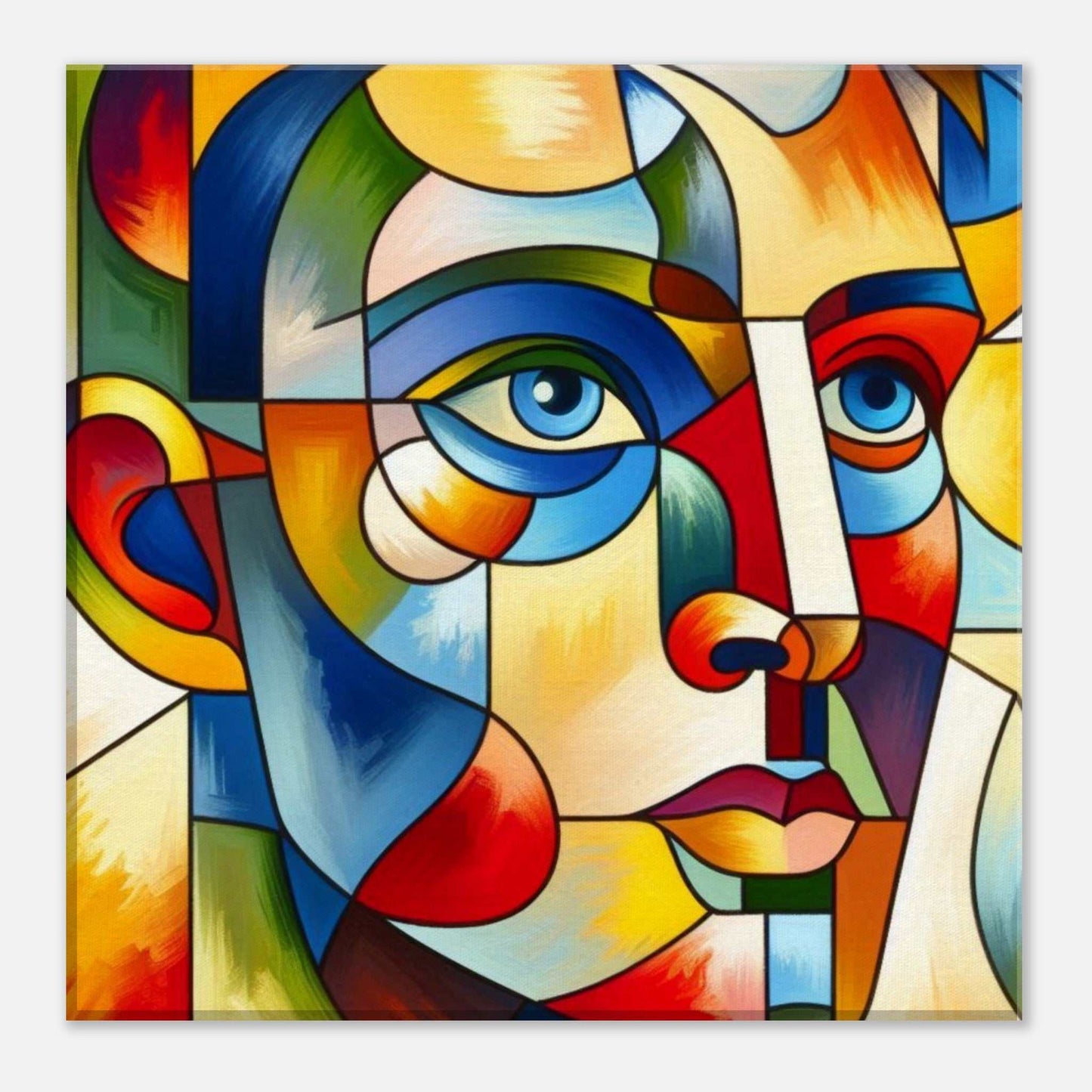 Colorful abstract face canvas print with geometric shapes and vibrant hues.