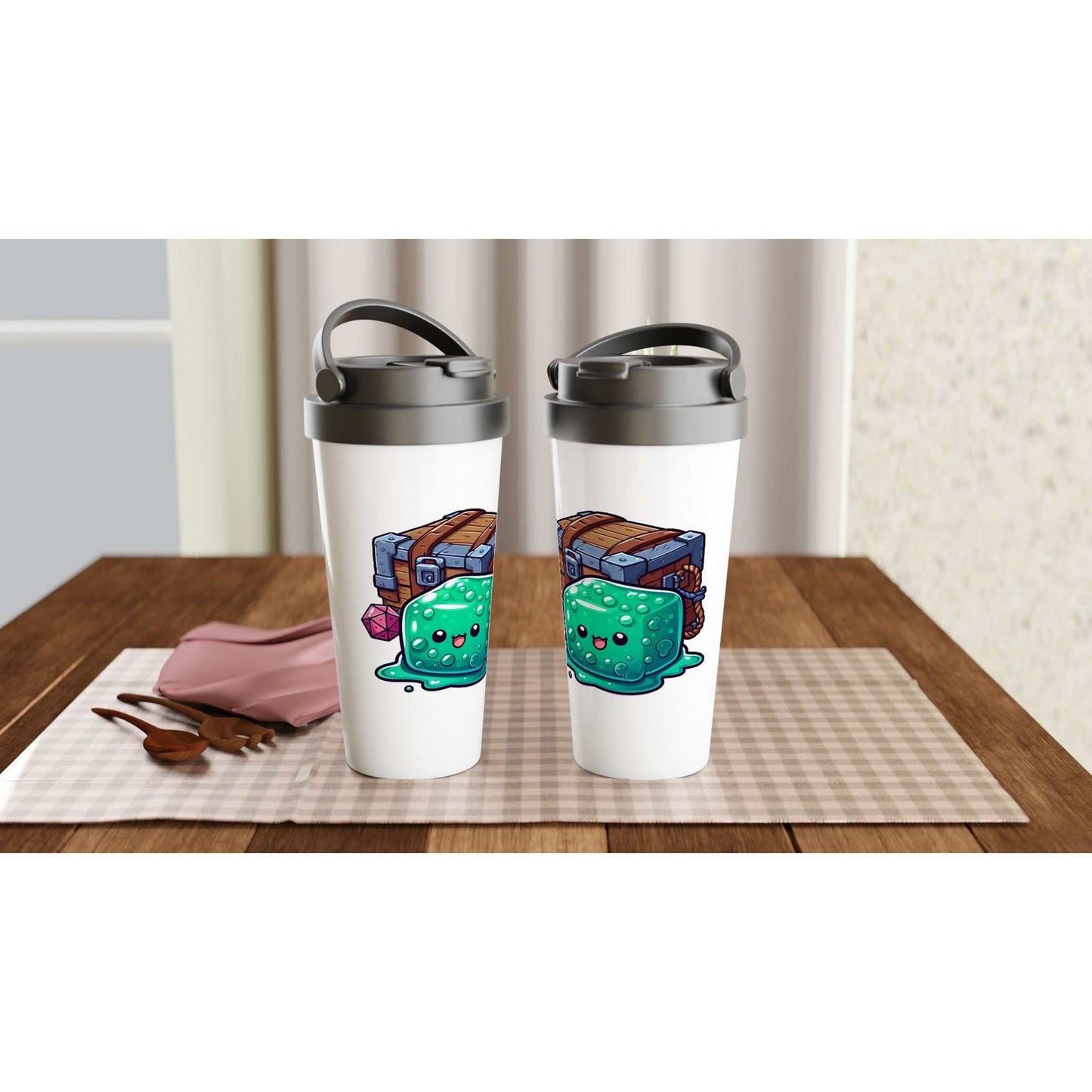 Mimic 15oz stainless steel travel mug with playful design, leak-proof and dishwasher safe, keeping drinks hot or cold.