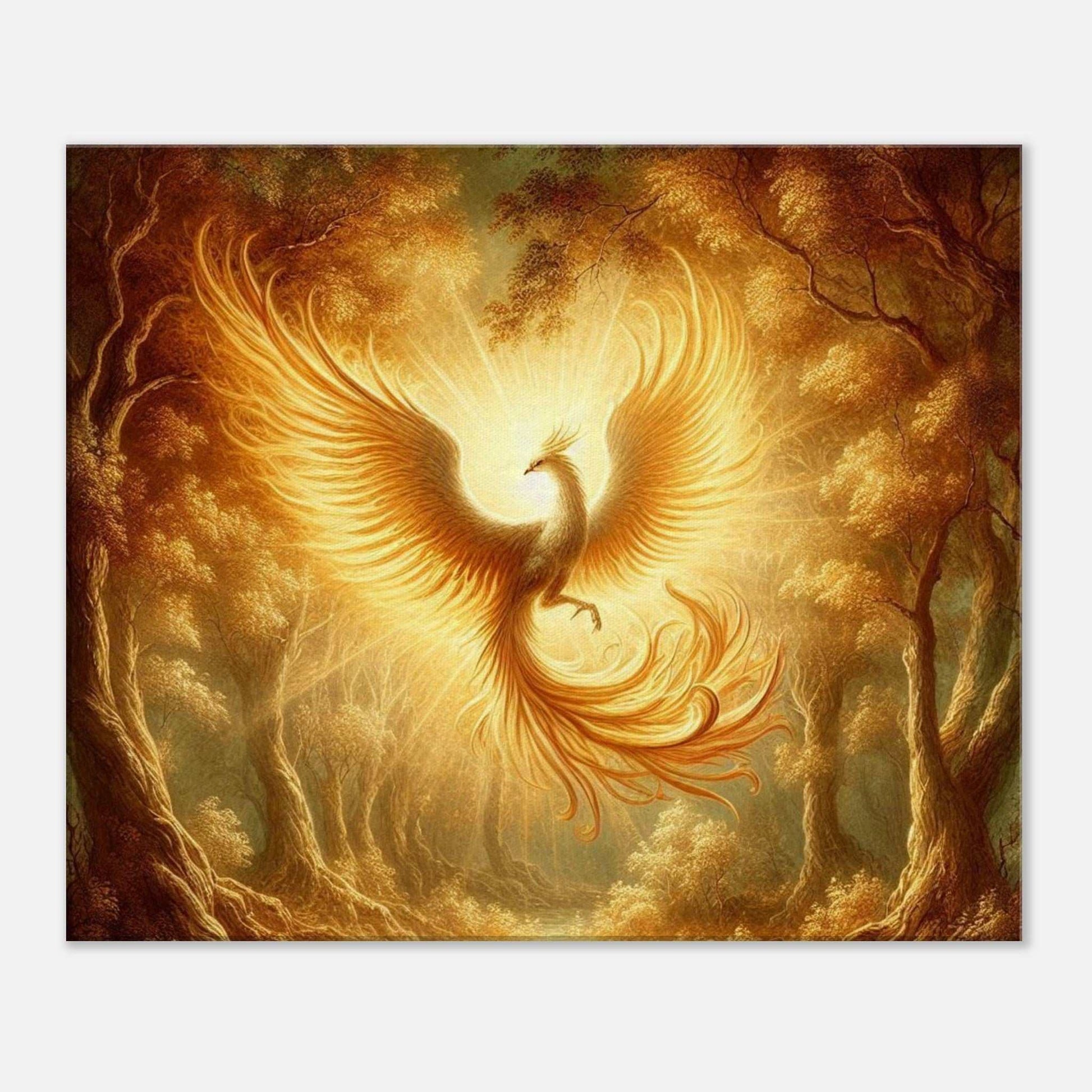 Phoenix Flight Canvas print featuring a vibrant, ascending phoenix amidst a golden forest backdrop.