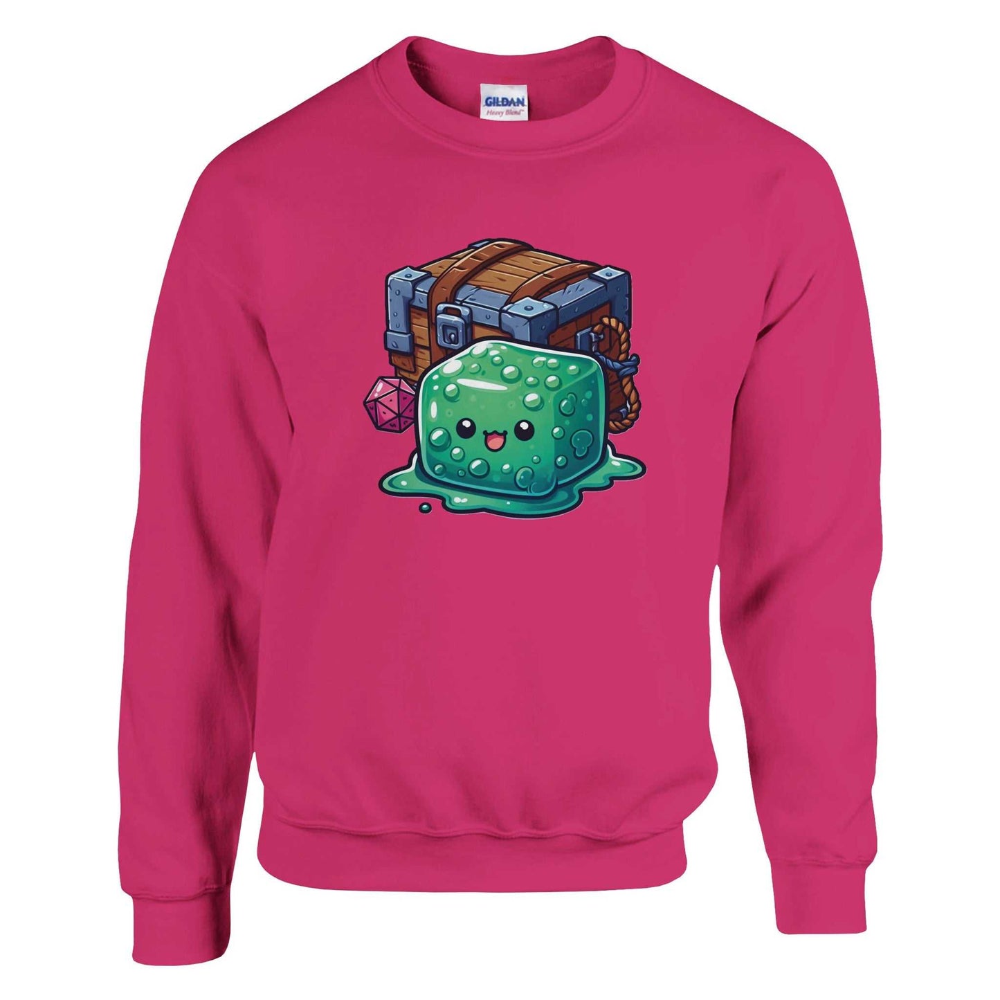 Gelatinous Cube and Mimic design on men's crewneck sweatshirt, soft cotton-polyester blend.