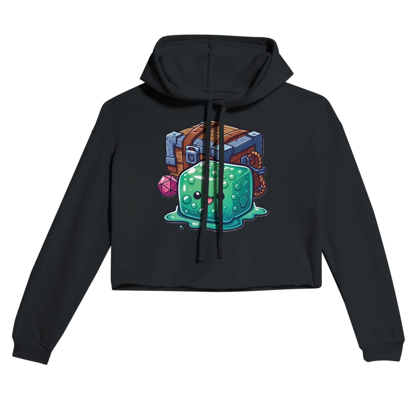 Gelatinous Cube Women's Cropped Hoodie with Mimic Design, stylish raw hem and coordinating drawstrings.