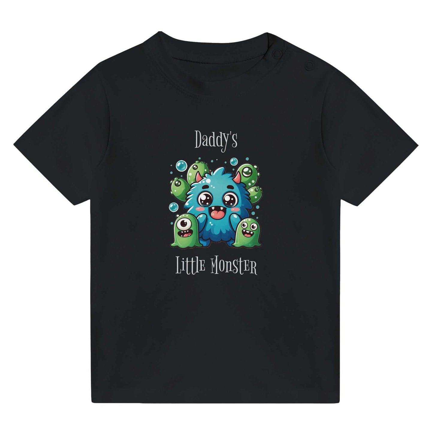 Daddy's Little Monster Classic Baby Crewneck T-shirt in black with colorful monster print.