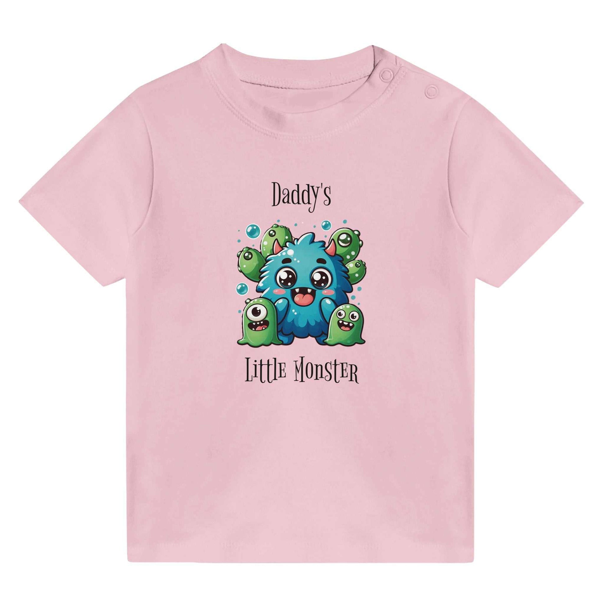 Daddy's Little Monster Classic Baby Crewneck T-shirt with playful monster graphic in pink.