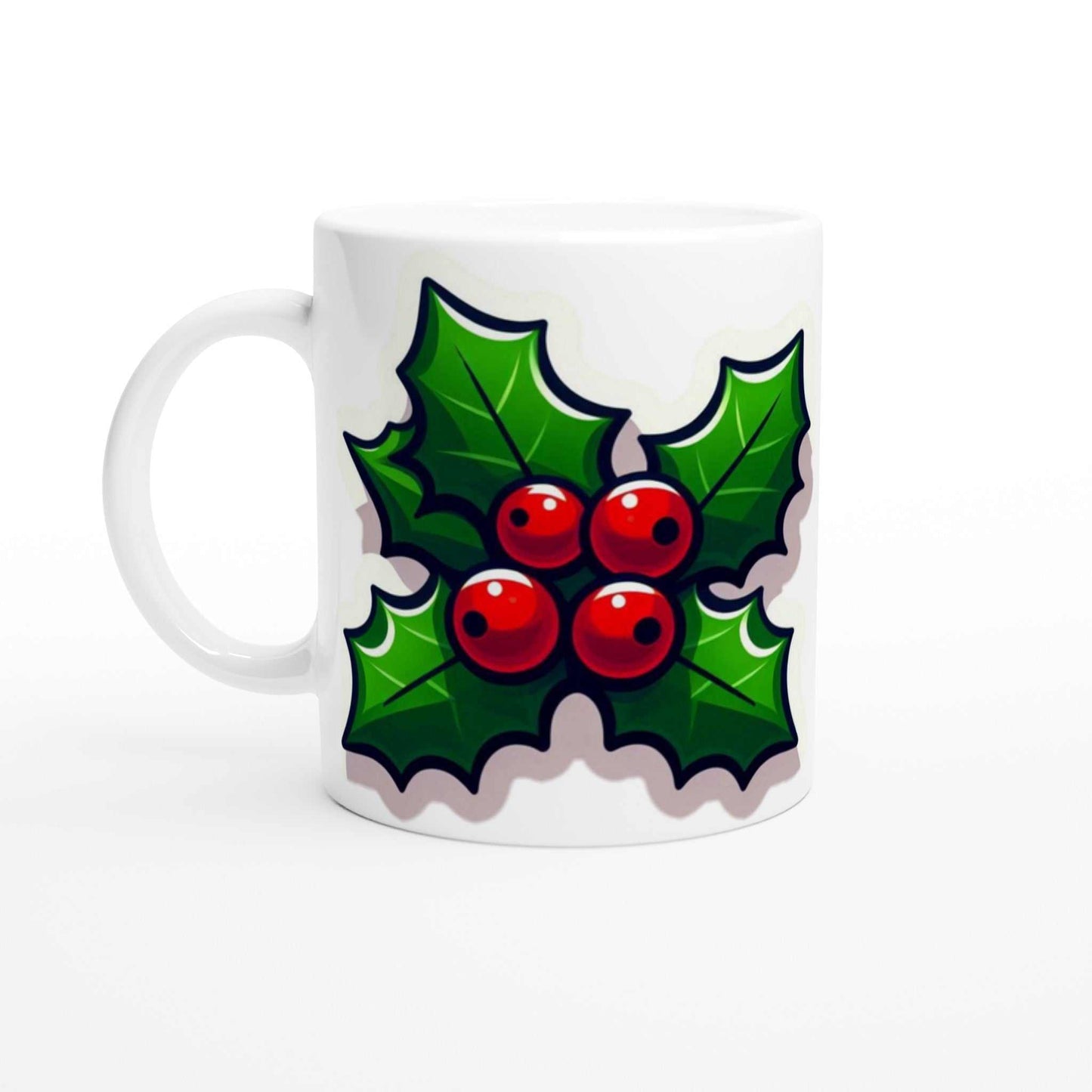 Holly 11oz ceramic mug with glossy finish and holly design.