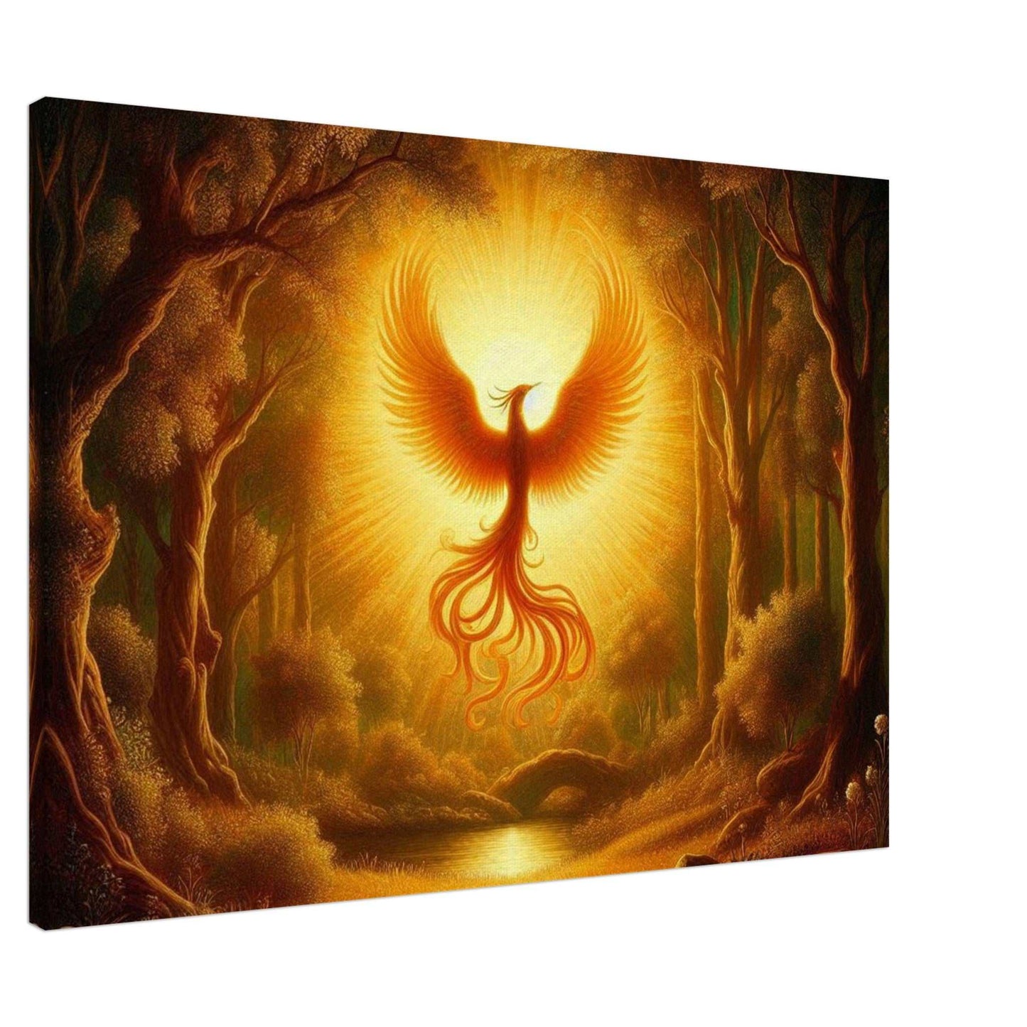 Phoenix Birth Canvas artwork with vibrant colors and rich texture in a forest setting.