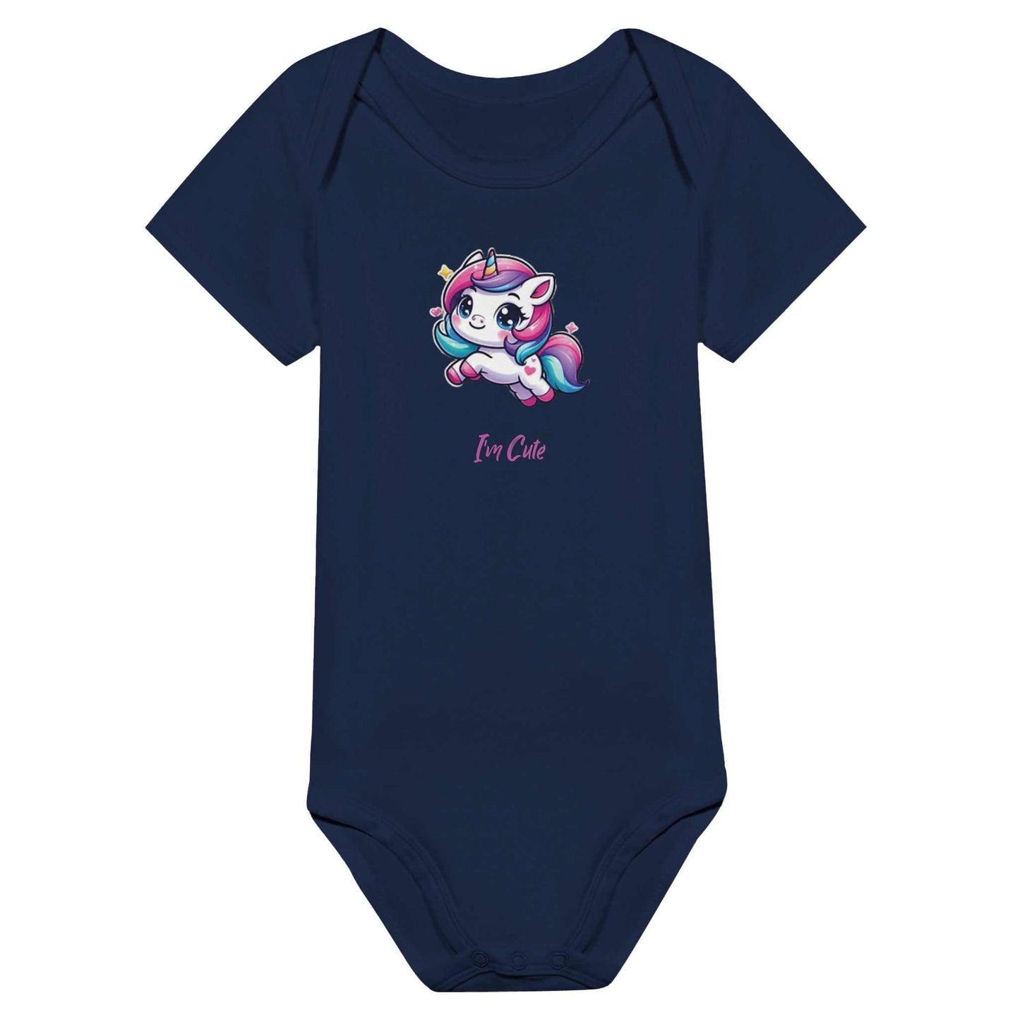 Cute baby printed short sleeve bodysuit navy with unicorn design