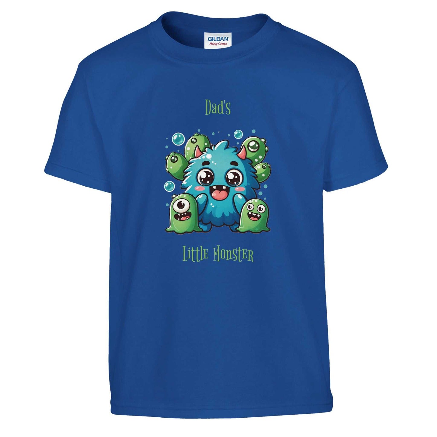 Blue kid's crewneck T-shirt with "Dad's Little Monster" design, featuring cute cartoon monsters; 100% ring-spun cotton.