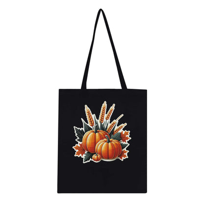 Eco-friendly autumn tote bag with pumpkin design, reinforced handles, 100% cotton, 10-liter capacity.