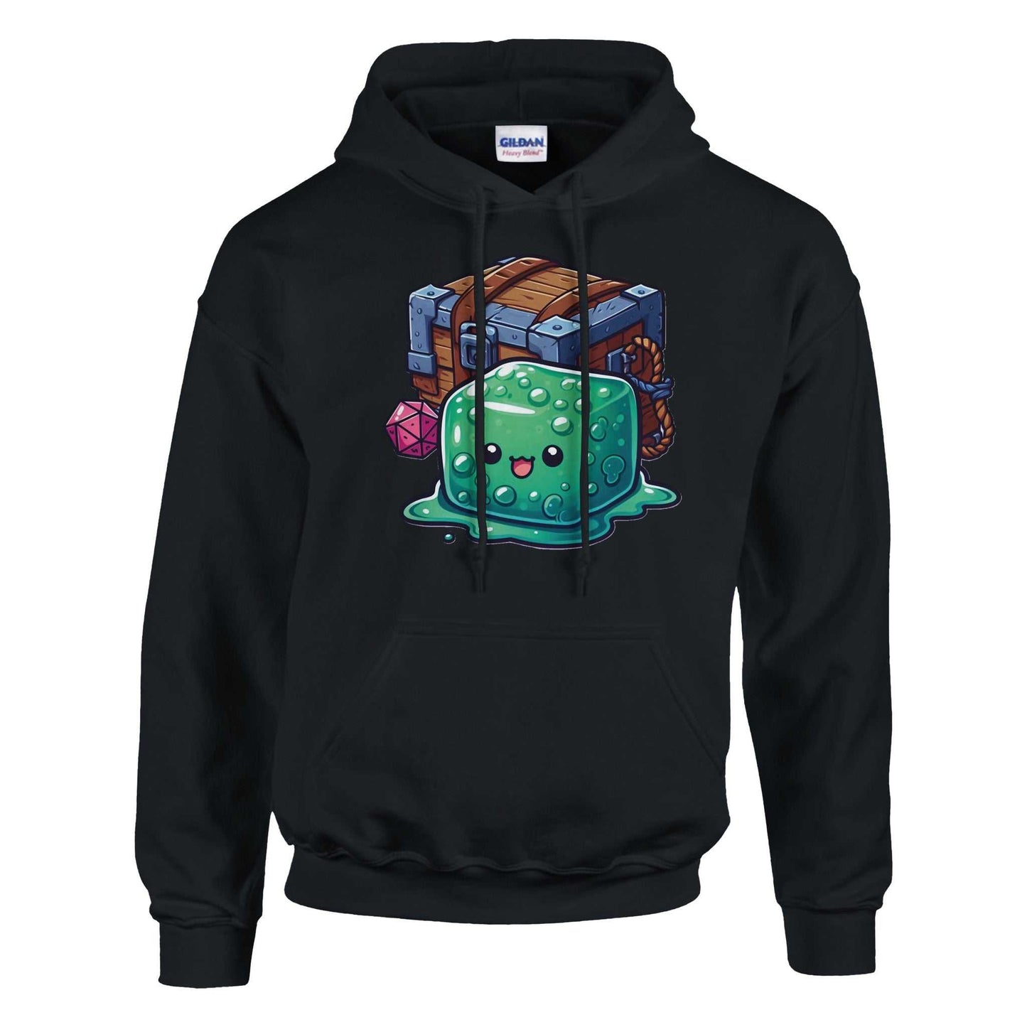 Gelatinous Cube and Mimic pullover hoodie, black, features fantasy-themed design, 50% cotton, 50% polyester.