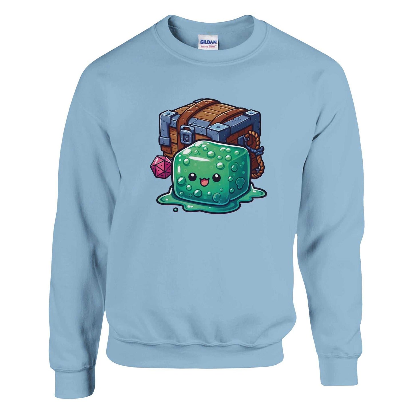 Gelatinous Cube and Mimic design on women's crewneck sweatshirt in soft cotton polyester blend.