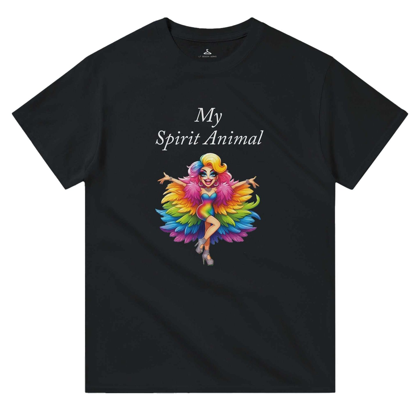 My Spirit Animal Women's Crewneck T-shirt, black, colorful design, durable heavyweight cotton, casual wear, classic fit.