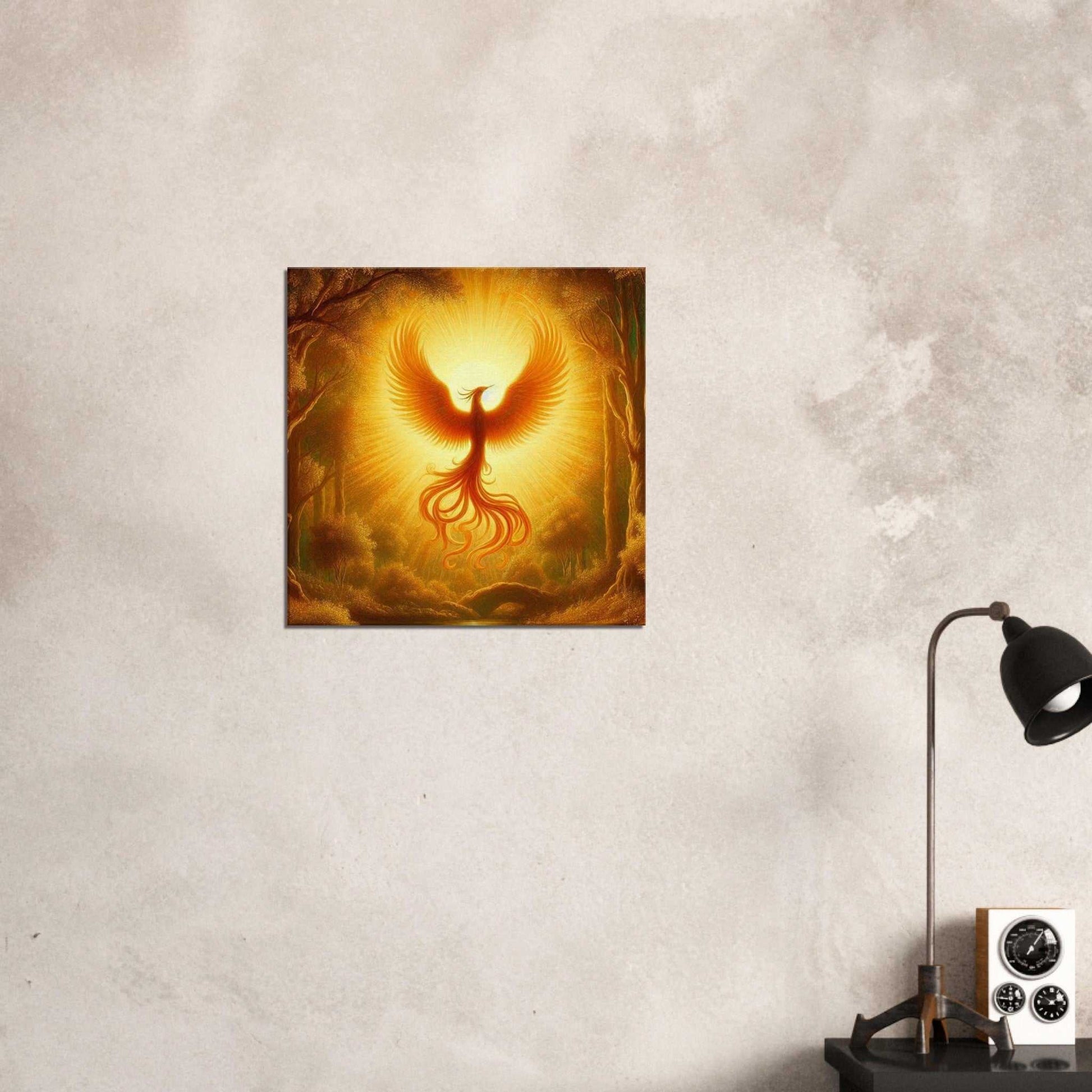 Phoenix Birth Canvas artwork displayed on textured wall, showcasing vibrant colors and mythical phoenix design.