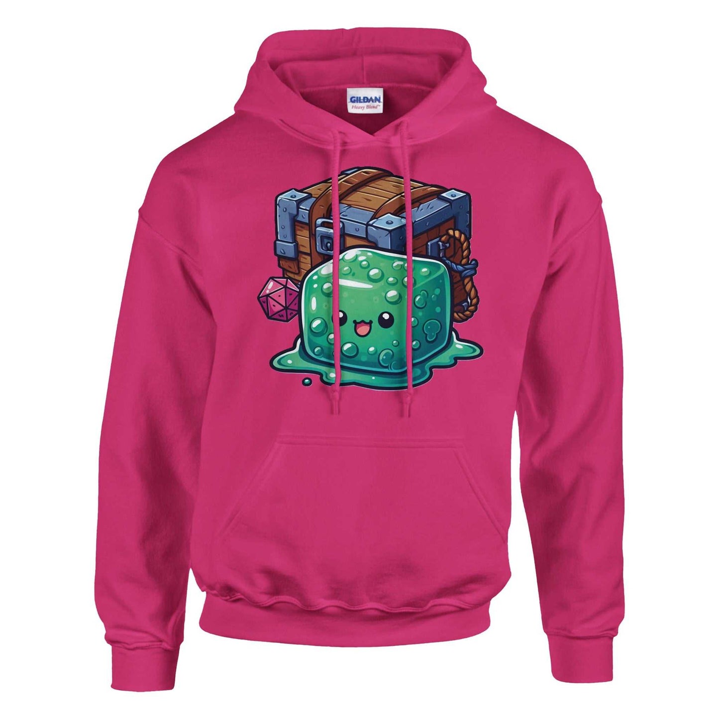 Gelatinous Cube and Mimic Men's Pullover Hoodie in pink, featuring a playful design, made from a soft 50% cotton and 50% polyester blend.