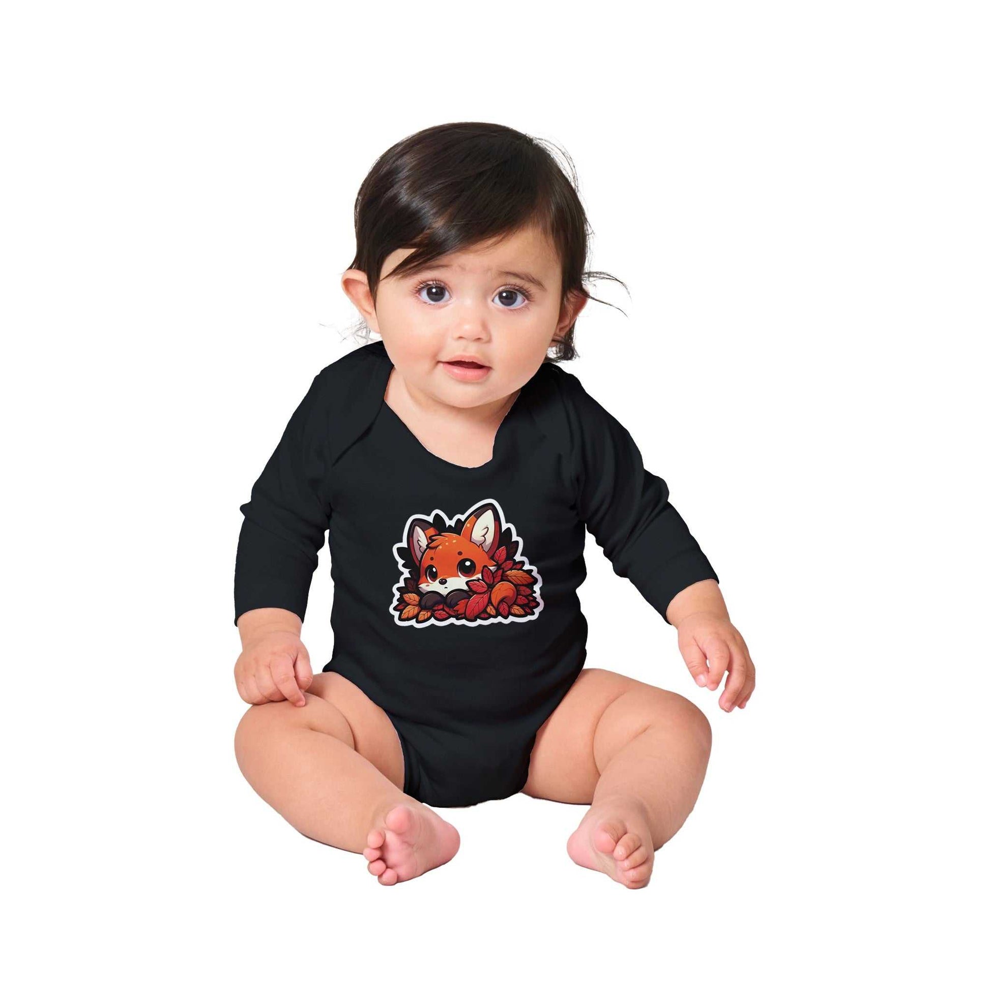 Baby wearing Fox Classic Baby Long Sleeve Bodysuit, black with a fox design, 100% cotton, relaxed fit.