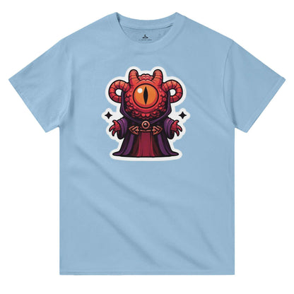 Mindflayer Men's Crewneck T-shirt in sky blue with a colorful cartoon monster design.