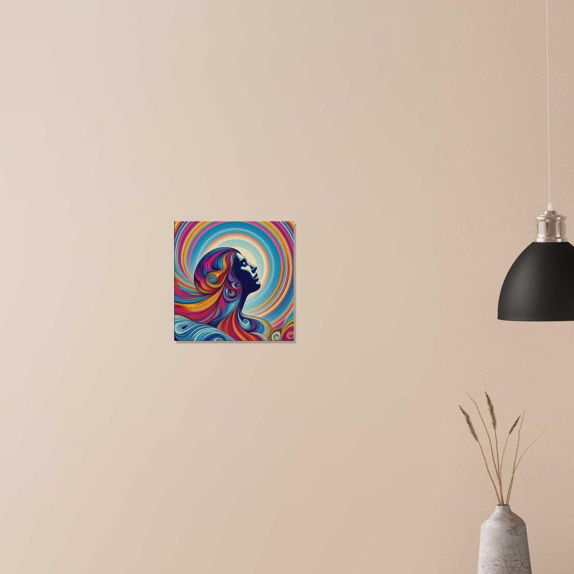 Canvas print of a woman embracing sunlight, vibrant abstract design, eco-friendly materials, includes installation kit.