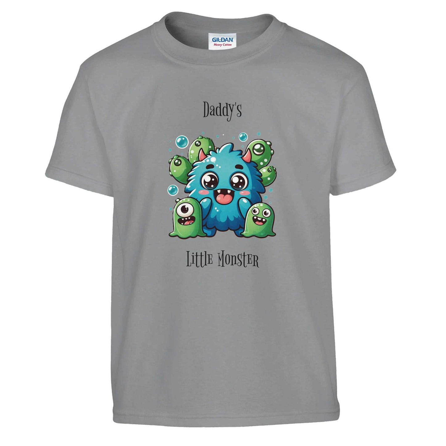 Daddy's Little Monster Kids Crewneck T-shirt with cute monster design, 100% cotton, durable for active wear.