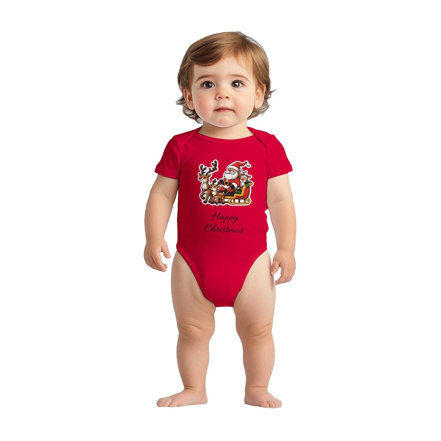 Happy Christmas Unisex Classic Baby Short Sleeve Bodysuit with festive design in red, featuring lap shoulders and leg openings for easy dressing.