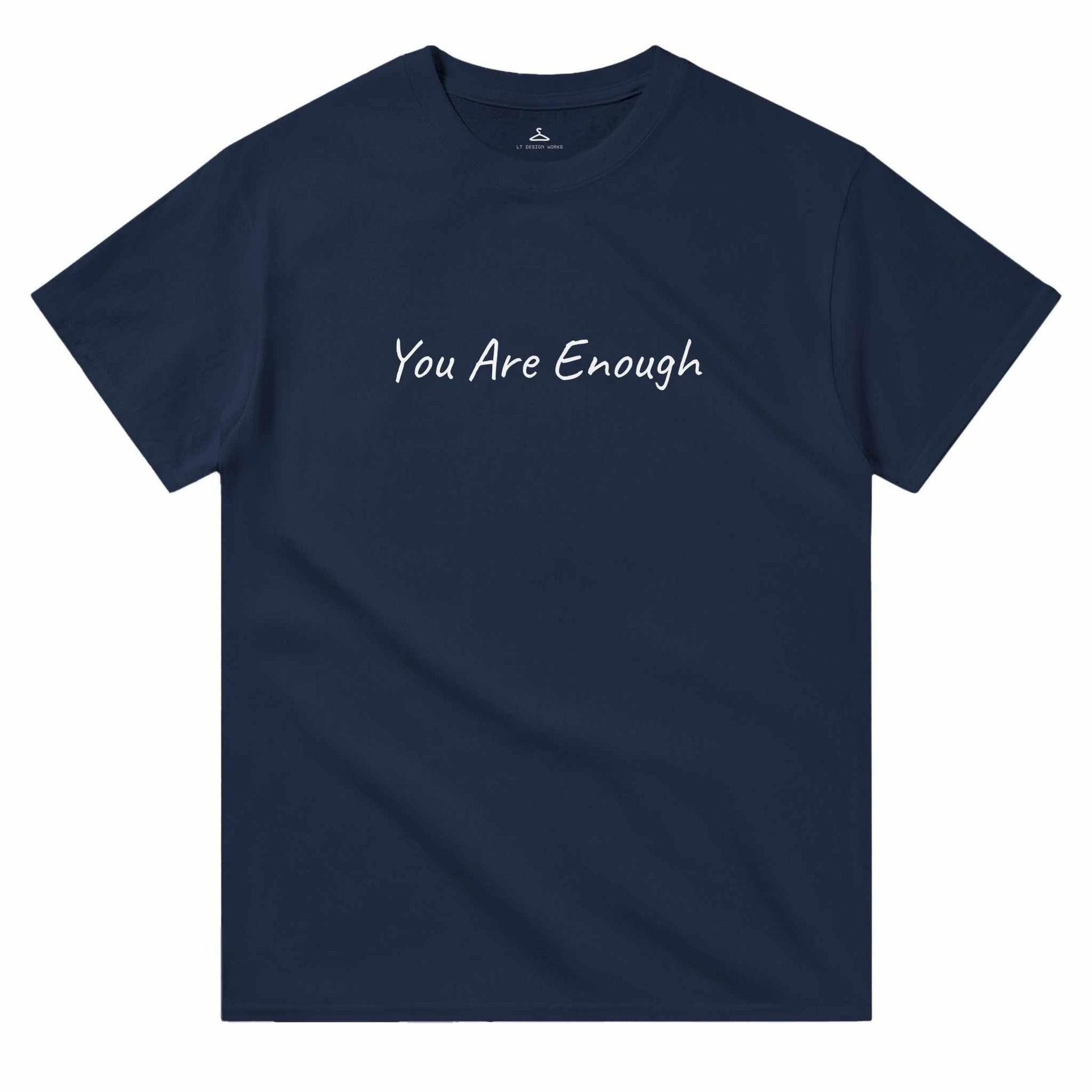 Women's navy blue crewneck t-shirt with "You Are Enough" text.