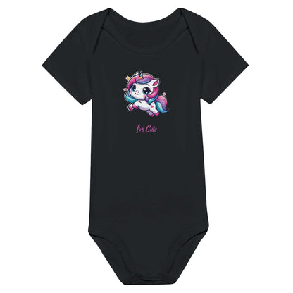 Cute baby printed short sleeve bodysuit with unicorn graphic in black.