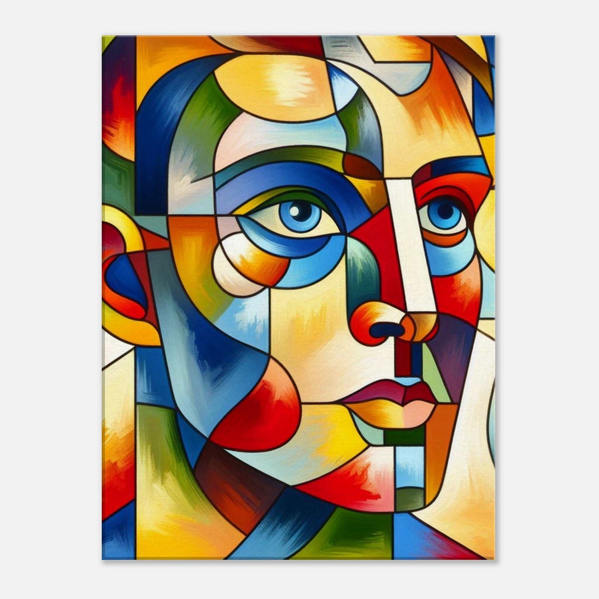 Colorful abstract face canvas print with geometric patterns.