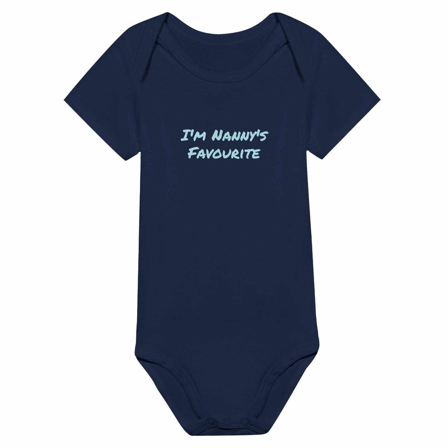 Navy baby bodysuit with "I'm Nanny's Favourite" text, short sleeves, 100% cotton.