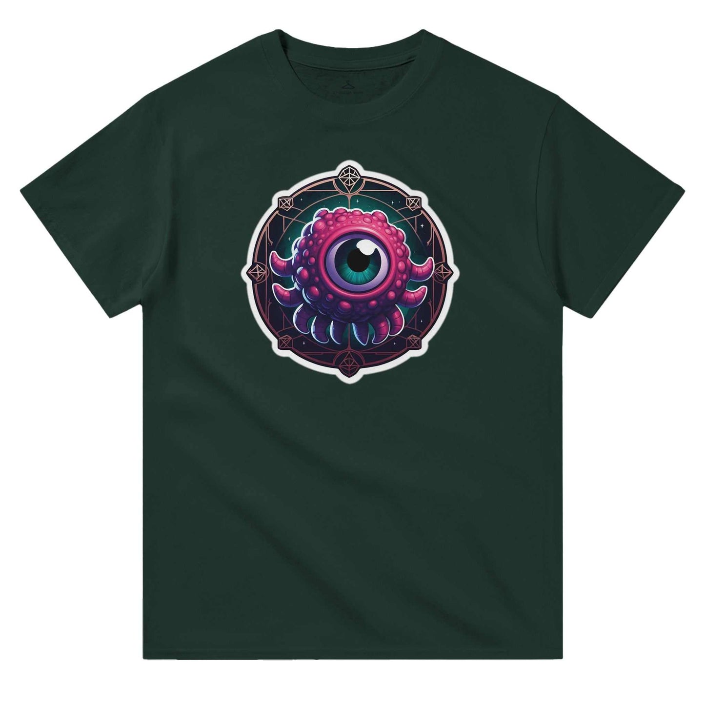 Beholder Men's Crewneck Tshirt in dark green with unique eye design graphic.