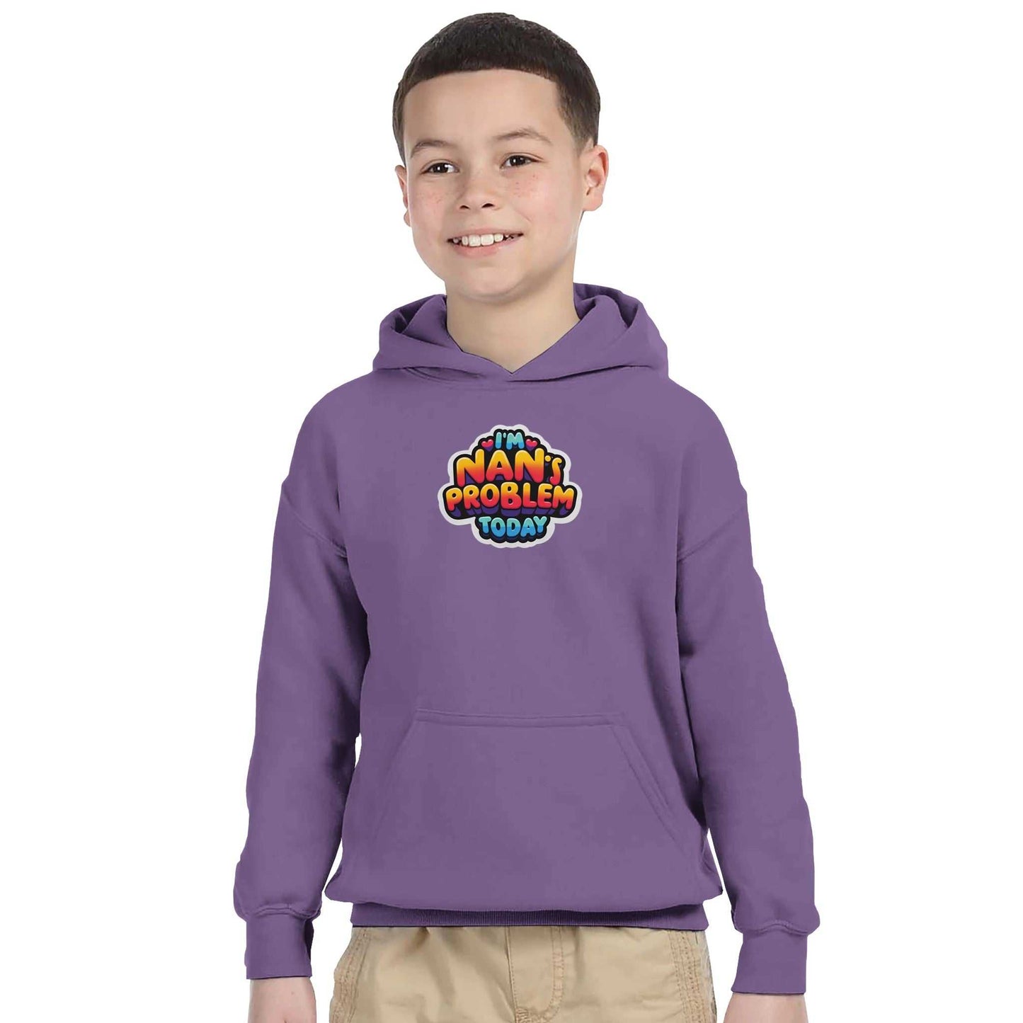 Purple kids pullover hoodie with "I'm Nan's Problem Today" design, featuring a front pouch pocket and ribbed cuffs, suitable for boys and girls.