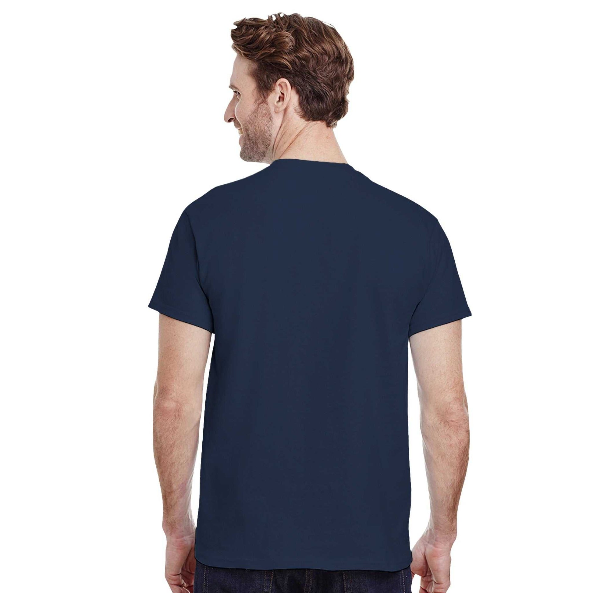 Man wearing a navy "I Love Kpop" crewneck t-shirt with a classic fit, showcasing durable double-needle stitching.