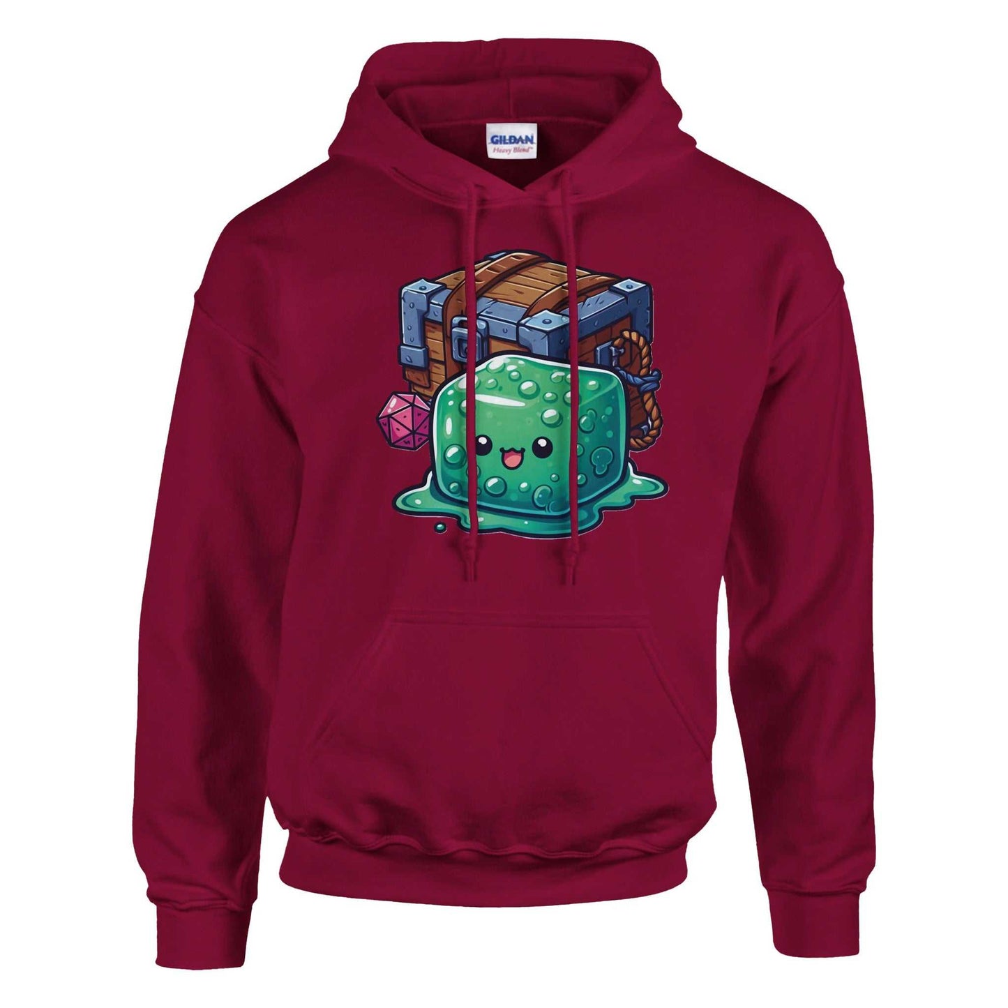 Gelatinous Cube and Mimic women's pullover hoodie in maroon with fantasy design.