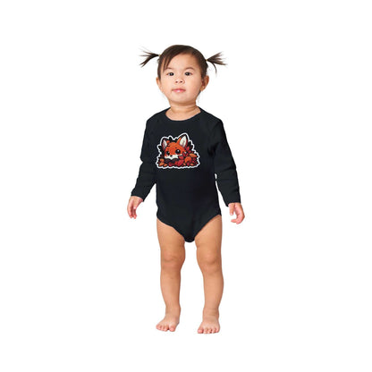 Fox Classic Baby Long Sleeve Bodysuit in black worn by a toddler, featuring a cute fox design.